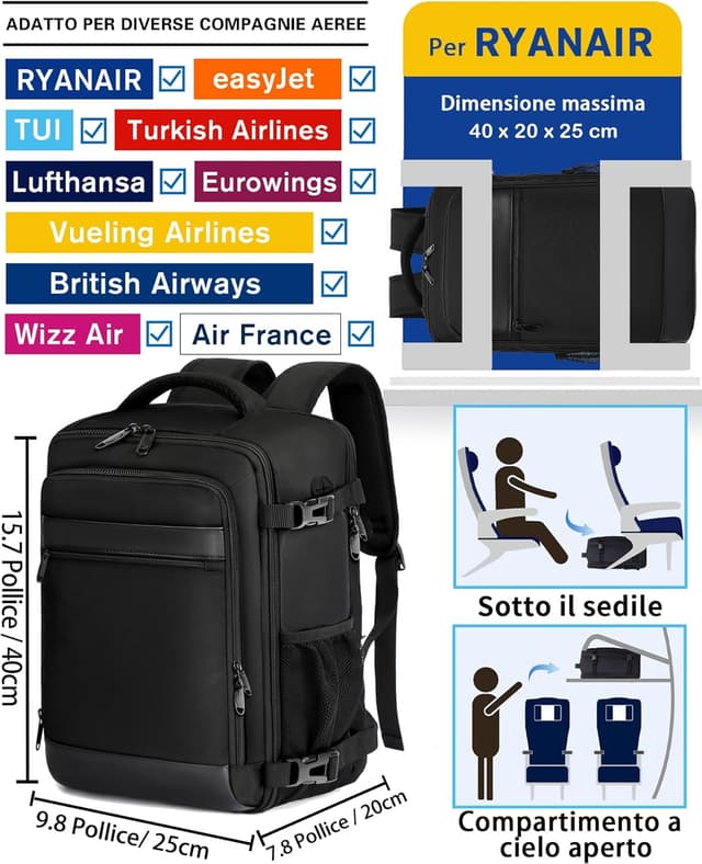 Detalle 2 de KLOSTAIN Zaino Ryanair 40x20x25 20L con porta PC 14