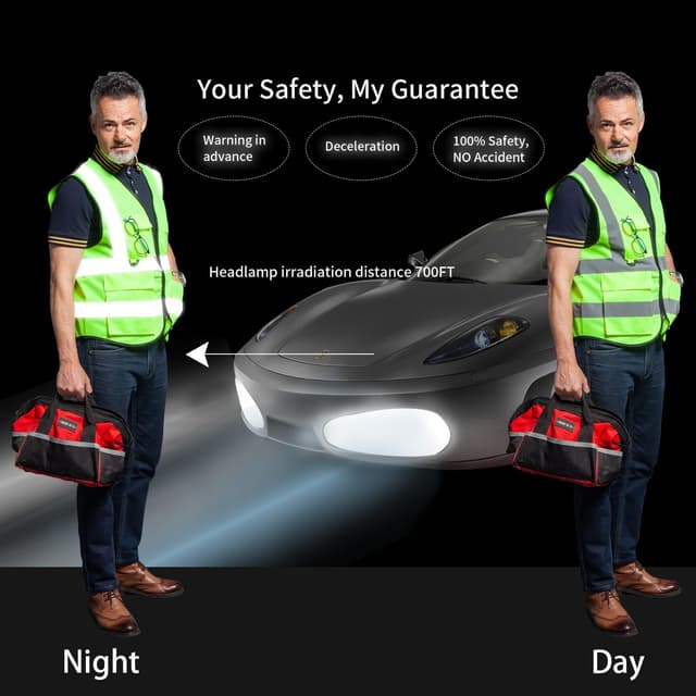 Detalle de High visibility reflective safety vest with pockets and zip front (ANSI/ISEA standards) – Large, green