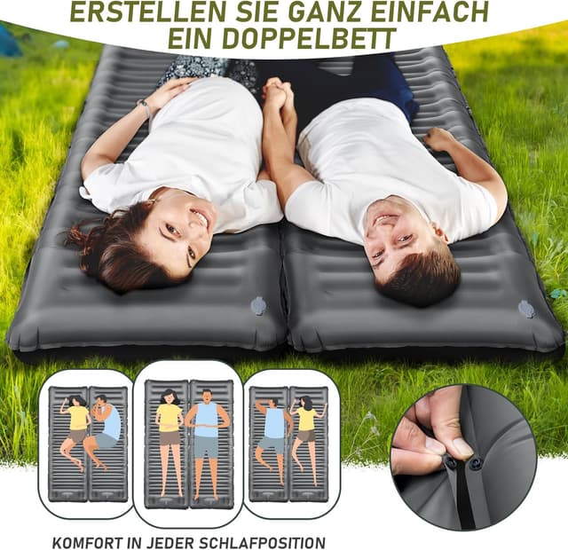 Detalle de JEMULICE Isomatte Camping (200×68×12 cm) mit Fußpumpe – ultradicke, wasserdichte Schlafmatte fürs Zelt