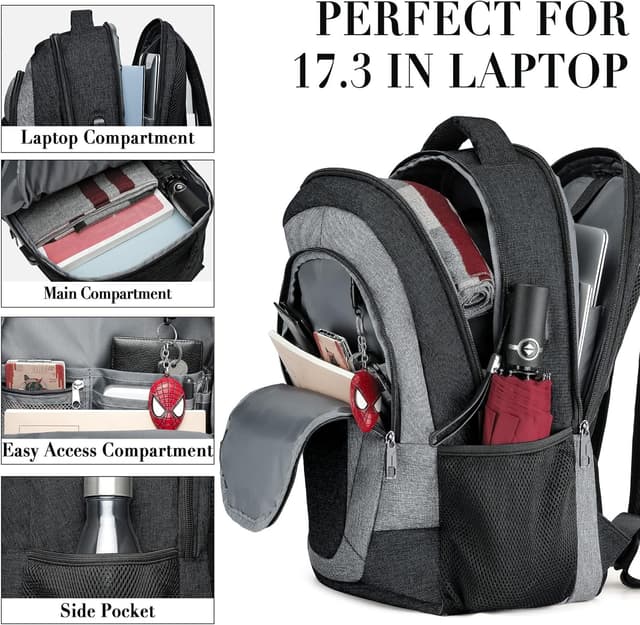 Detalle 2 de BIKROD Rucksack für Damen & Herren mit 17,3-Zoll-Laptoptasche, USB-Anschluss und Anti-Diebstahl-Schutz