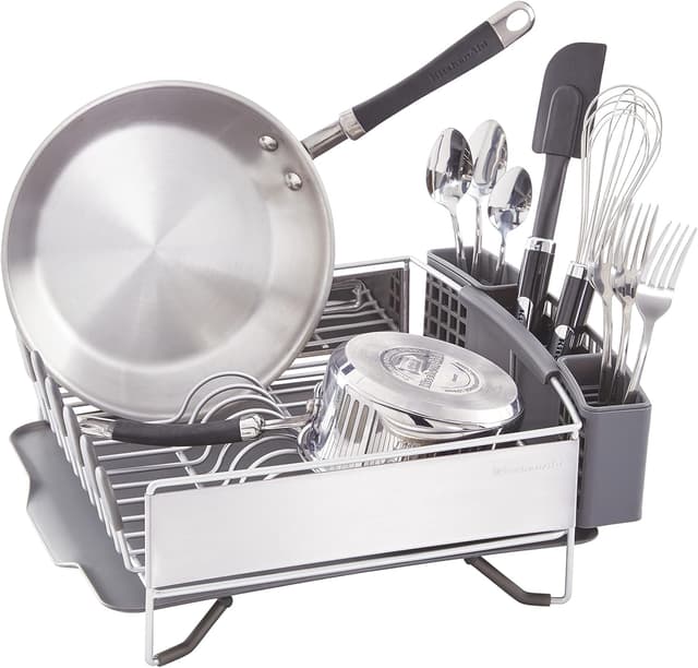 Detalle de KitchenAid Compact Space Saving Dish Rack (Removable Flatware Caddy, Angled Drainboard) — Satin Gray, 15-by-13.25-Inch
