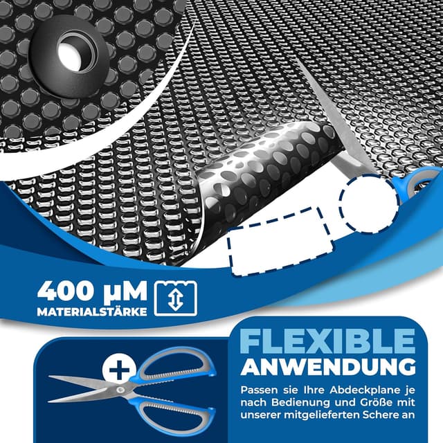 Detalle de KESSER® Pool-Solarabdeckplane rund Ø 305 cm (Solarfolie 120 µm), zuschneidbar – mit Schere, Lochzange & 12 Ösen