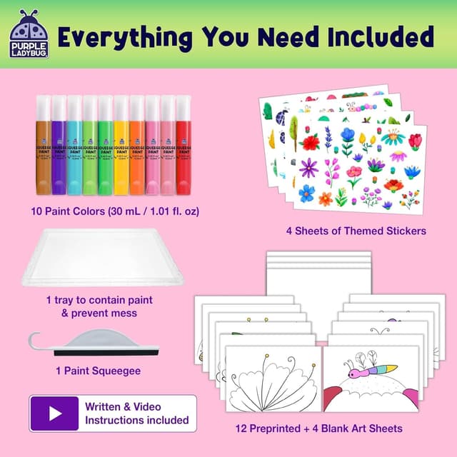 Detalle de Squeegee Art Kids Paint Kit Blooms & Bugs – nature-themed painting set with stickers