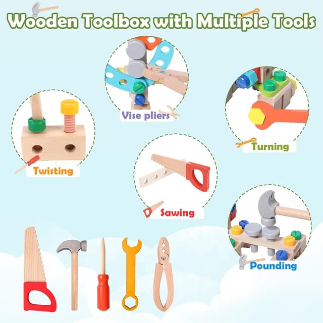 Detalle de Wdmiya Wooden Toys Kids Tools Set (65 PCS) for Ages 2+ — Wooden Tool Box Pretend Play