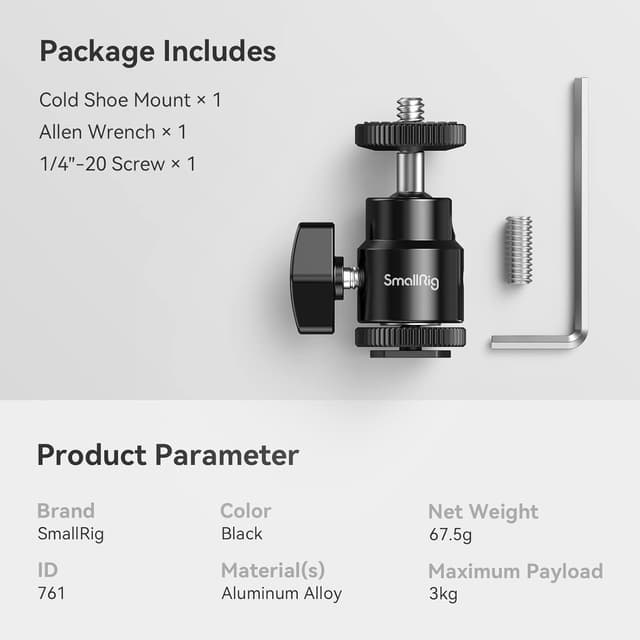 Thumbnail 6 de SMALLRIG Mini Stativkopf/Kugelgelenk 360° mit 1/4-Blitzschuhadapter – für Monitor, Mikrofon & LED (761)