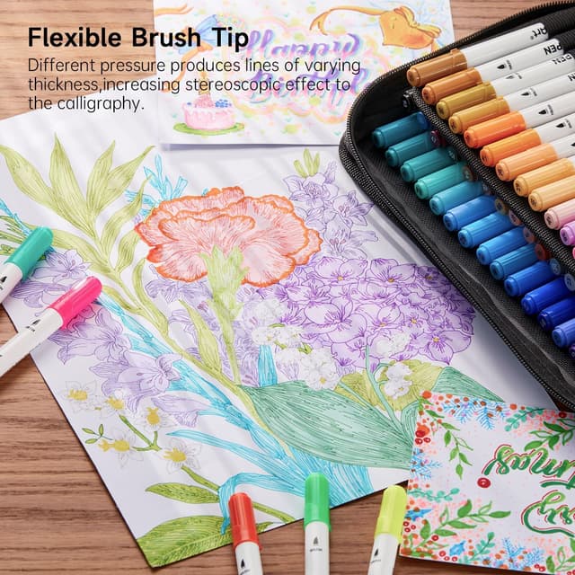 Thumbnail 6 de Shuttle Art Dual Tip Brush Pens (70 Colours) set with portable case & colouring book