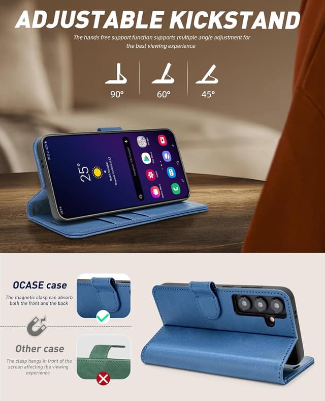 Detalle 2 de OCASE Handyhülle für Samsung Galaxy S24+ / S24+ Plus 5G – Flip-Schutzhülle mit Kartenfächern & Standfunktion, hellblau