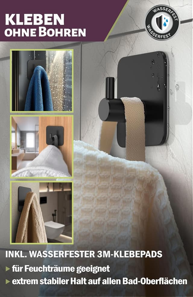 Detalle 2 de Menz Handtuchhaken ohne Bohren, 6er-Set – schwarze selbstklebende Handtuchhalter aus Edelstahl