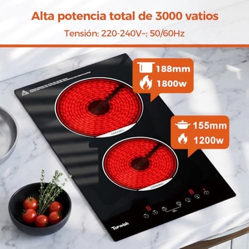 Detalle 2 de Topwish placa vitrocerámica 2 fuegos encastrable de 30 cm (3000 W) con control táctil, temporizador y seguridad