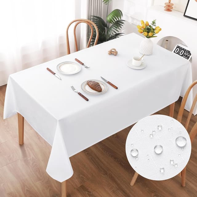 Detalle de AooHome abwaschbare Tischdecke in Weiß (Leinen-Optik) 140 x 220 cm – wasserabweisend mit Lotuseffekt