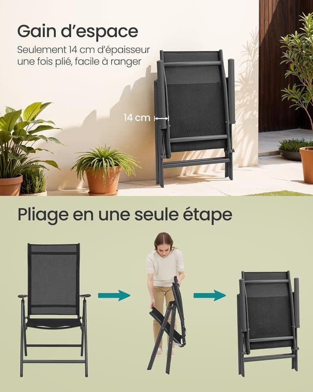 Detalle 2 de SONGMICS Chaise de jardin pliable lot de 2, dossier réglable 8 positions jusqu’à 150 kg (GCB29BK) – noir