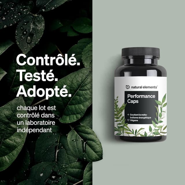 Detalle de Performance Caps – 120 gélules de caféine végétale (thé vert, guarana, café vert) + vitamines B, véganes