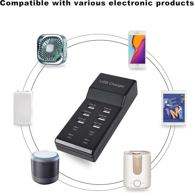 Detalle de Wyssay 50W 10-Port USB Charging Station (4 USB-C + 6 USB-A) for iPhone, iPad, AirPods & more