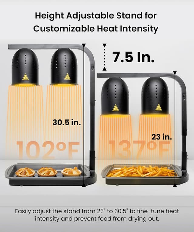 Detalle de SYBO DL2112 Commercial Grade Food Heat Lamp (2-Bulb, 500W) with Adjustable Stand, Black