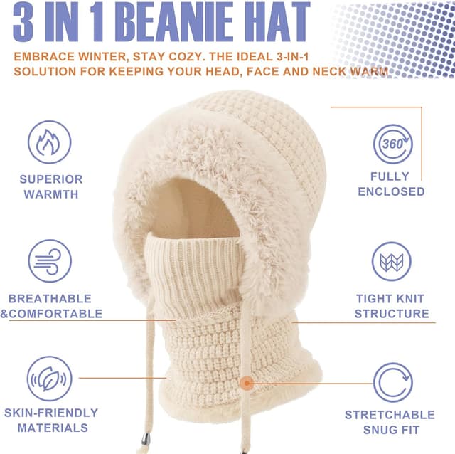 Detalle de DRESHOW Women’s winter knit balaclava beanie with drawstring hood scarf – 3-in-1 cold-weather hat