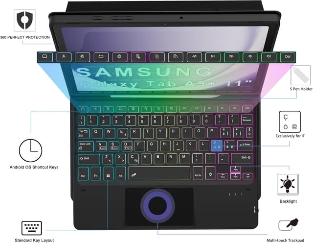 Detalle de VANKEYPAD Custodia con tastiera per Samsung Galaxy Tab A9+ Plus 11” 2023 (retroilluminata 3 zone, trackpad, rimovibile) QWERTY italiano