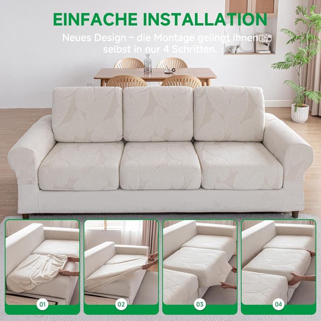 Thumbnail 6 de OHSIO Sofa Überzug – universeller elastischer Sofabezug für Sitzkissen, rutschfest & waschbar (Elfenbein/Blattmuster)
