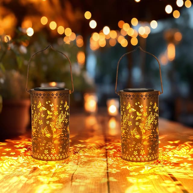 Detalle de 2 Pack Fairy Solar Lanterns Outdoor Hanging Lantern Lights with Butterfly Hollowed-Out Metal Design