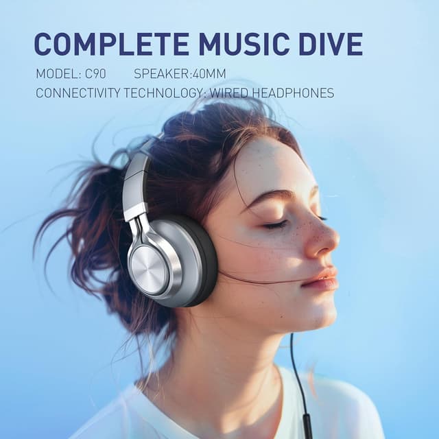 Detalle de AILIHEN C90 Wired Over-Ear Headphones with Microphone and Inline Volume Control (3.5mm, Grey)