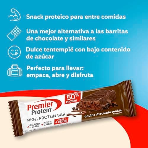 Detalle de Premier Protein High Protein Bar 50% Double Chocolate Cookie (16x40 g), baja en azúcar y baja en carbohidratos