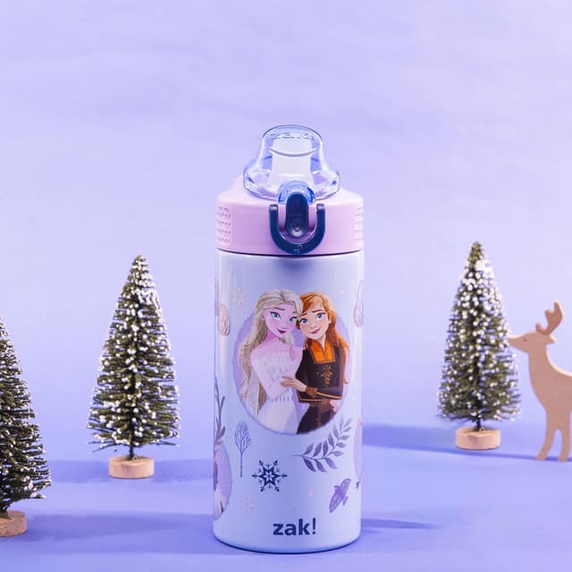 Detalle de Zak Designs Disney Frozen Sage Kids Water Bottle (14oz) — Stainless Steel Straw Bottle With Handle & Leak-Proof Pop-Up Cover