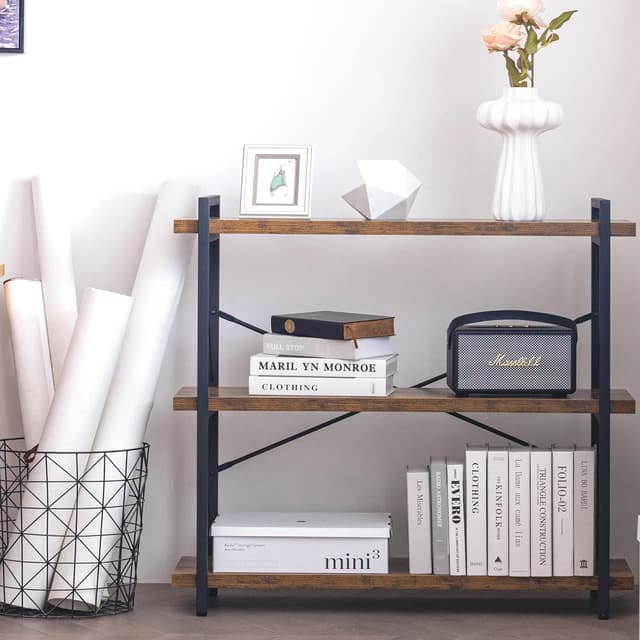 Detalle de HCHQHS 3-Tier Industrial Bookshelf (Rustic Wood & Black Metal, Open Book Shelf)