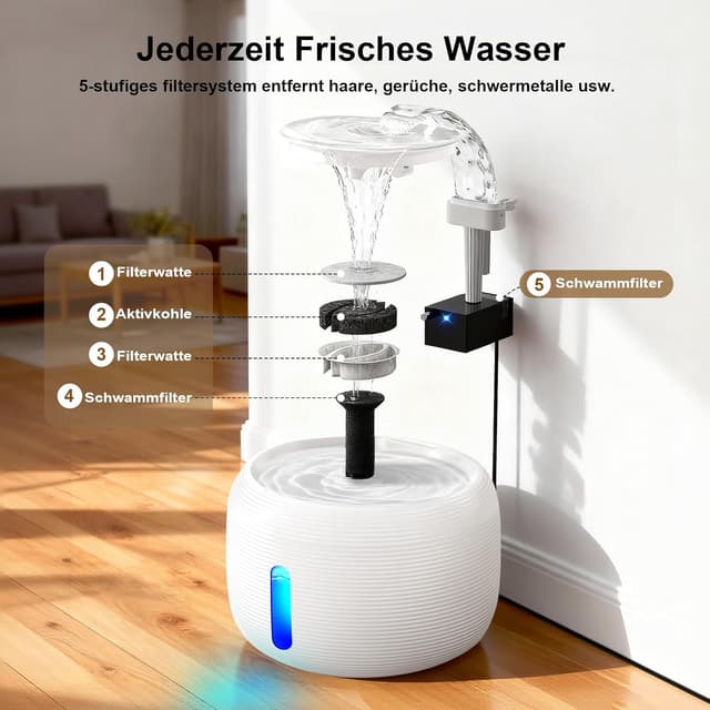 Detalle 2 de SIBAYS Katzen-Trinkbrunnen mit 3,5 l, ultraleiser Pumpe (<25 dB) und LED-Fenster (FS77, BPA-frei)