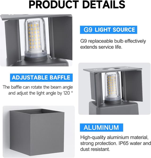 Detalle 2 de Wisdom Line applique LED da esterno/interno IP65 2 pezzi, 9W 4000K bianco freddo, G9 (grigio scuro) per giardino e ingresso