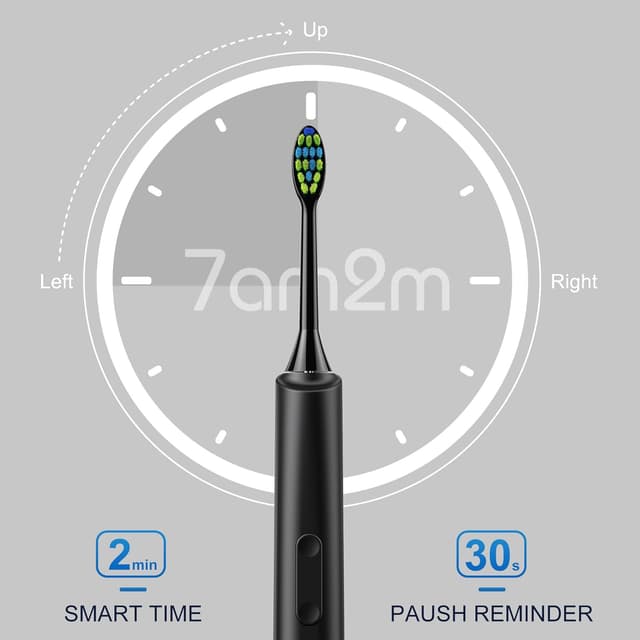 Detalle de 7AM2M Sonic Electric Toothbrush (Black) for Adults and Kids — 40,000 VPM, 5 Modes, 4 Brush Heads, Smart 2-Min Timer