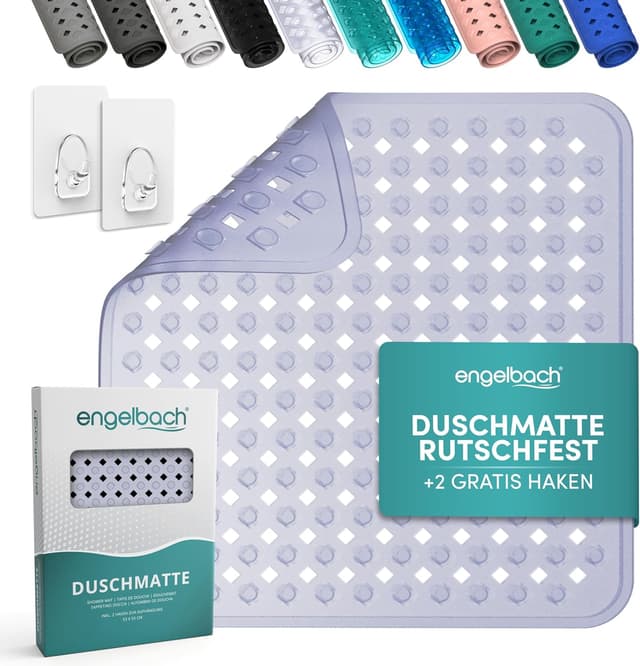 Detalle de Engelbach Duschmatte rutschfest 53x53 cm inkl. 2 Haken – antibakteriell, BPA-frei, waschmaschinengeeignet