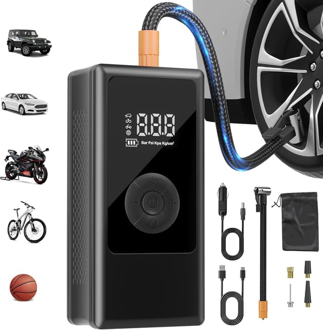 Detalle de Elektrische Luftpumpe 150 PSI – tragbarer Akku Mini-Kompressor mit digitaler Anzeige, LED-Licht & USB-Laden