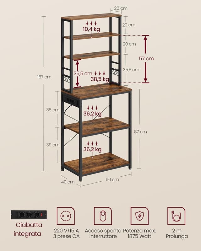 Detalle de VASAGLE KKS124K01 scaffale da cucina con ciabatta e supporto microonde, 6 ripiani e 6 ganci