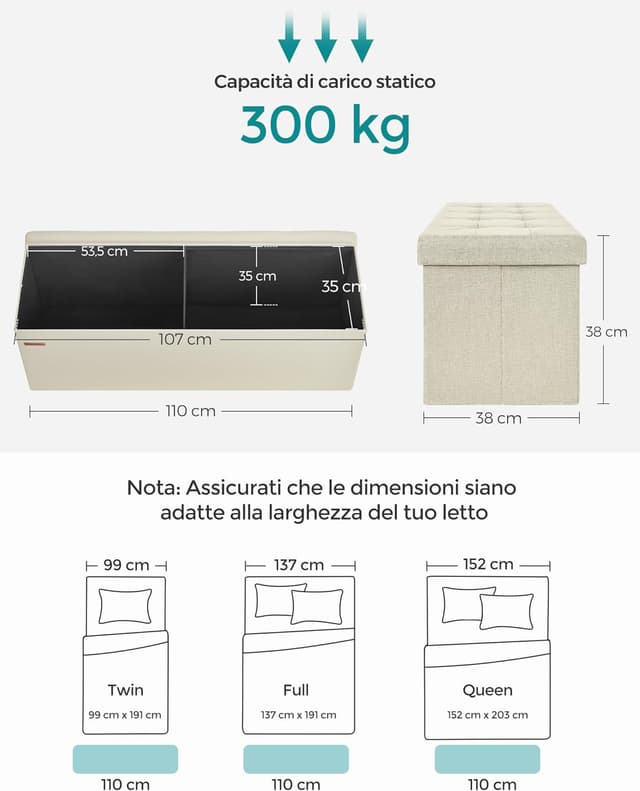 Detalle de SONGMICS MAZIE LSF77BE cassapanca pouf contenitore pieghevole 38 x 110 x 38 cm bianco crema, portata 300 kg