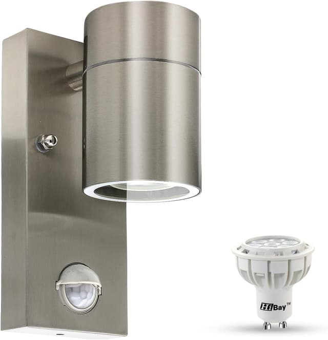 Detalle de HiBay 1x Motion Sensor Outdoor Wall Light (PIR) – IP44 stainless steel security lighting with GU10 LED