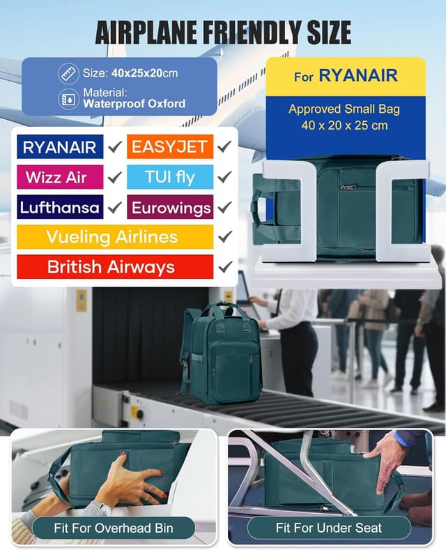 Detalle 2 de SZLX Zaino da viaggio sottovuoto con pompa per Ryanair, 40x30x20 (e zaino/cabina 40x20x25) per laptop fino a 14 pollici