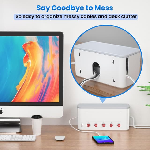 Detalle de Ciabatta multipresa USB con scatola porta cavi e 5 prese Schuko (interruttori indipendenti) – Bianco, cavo 1,5 m