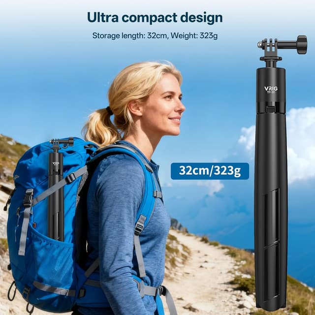Detalle 2 de VRIG TP-30 Selfie-Stick-Stativ bis 180 cm für Actionkameras (1/4" Schraube, GoPro-Adapter)