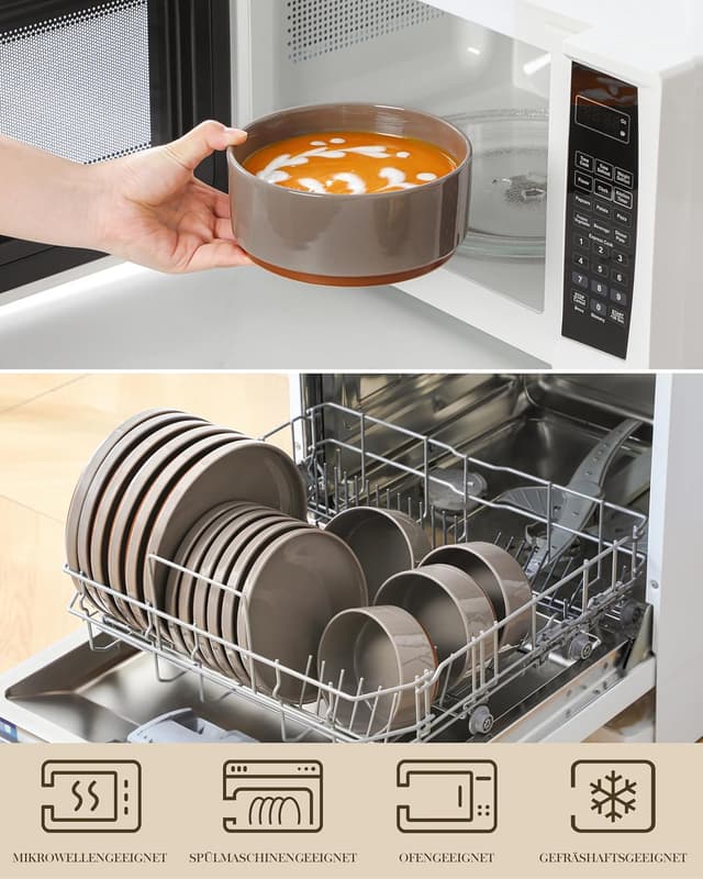 Detalle de MALACASA Steingut Geschirrset für 6 Personen (18-teilig) mit Sesam-Glasur – dunkelbraun, stapelbar