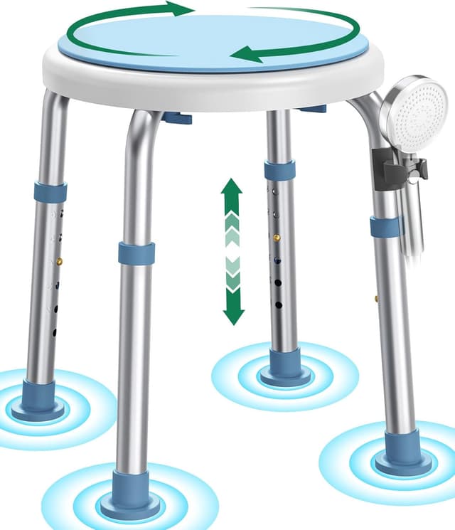 Detalle de Luckfaith LC01 360° drehbarer, höhenverstellbarer Duschstuhl aus Aluminium (rutschfester Duschhocker)