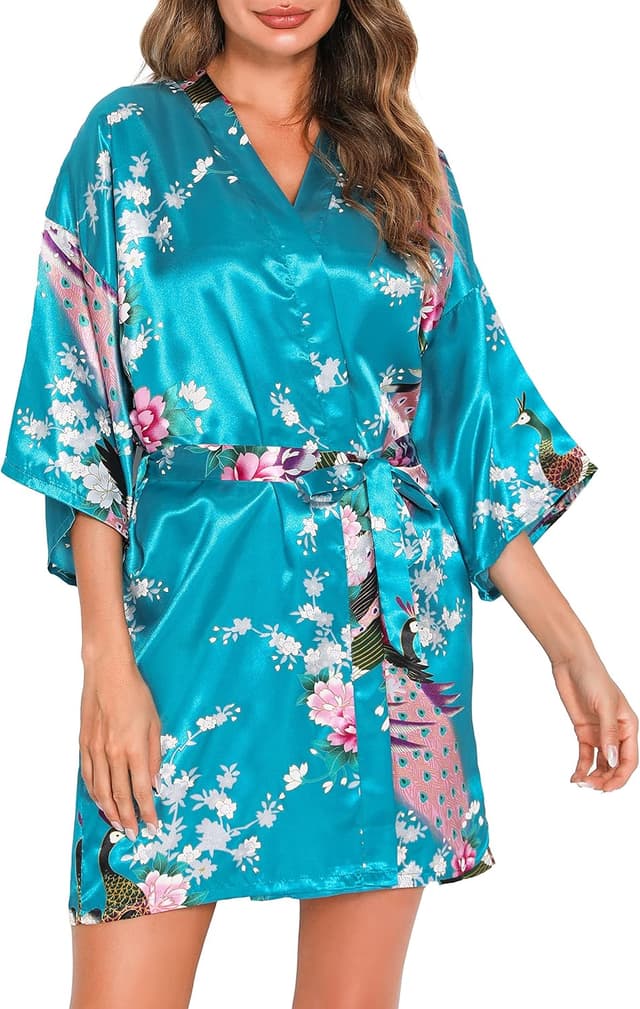 Detalle de Kimono satin court Vlazom pour femme (mariage, EVJF, nuisette) en polyester