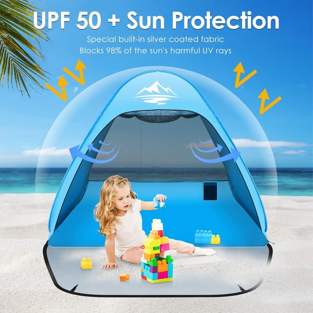 Detalle 2 de Pop Up Beach Tent – Automatic Portable Sun Shelter with UPF 50+ UV Protection, Waterproof (3 Person), Blue