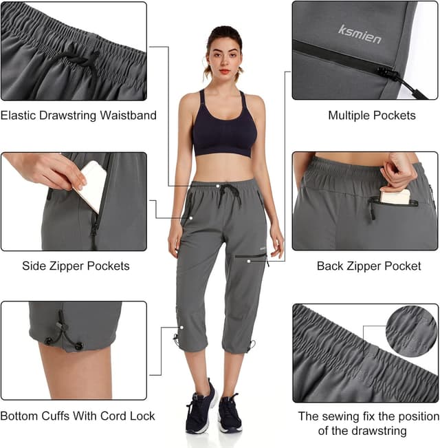 Detalle de Ksmien Women's Lightweight Hiking Capri Pants with Quick-Dry, Water-Resistant Fabric, UPF 50+ and Zipped Pockets