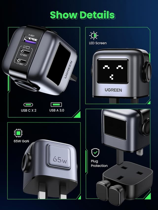 Detalle 2 de UGREEN Uno Charger 65W USB‑C Nexode 3‑Port GaN Charger 🔌