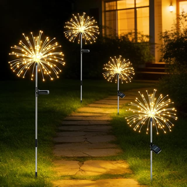 Detalle de Solar Lights Outdoor Garden Solar Firework Starburst Stake Lights (120 LEDs, 8 Modes) – 4 Packs, Warm White