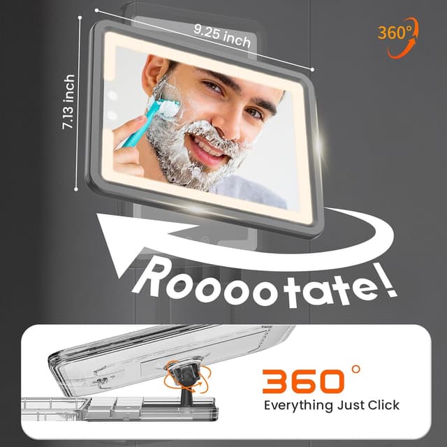 Detalle 2 de DeLanges Heated Fogless LED Shower Mirror with 3 Dimmable Lights, Rechargeable Battery & Drill-Free Mount