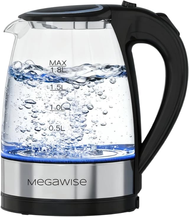 Detalle de MEGAWISE 1.8L Healthy Electric Kettle (1800W) Borosilicate Glass, BPA-Free, Auto Shut-Off & Boil-Dry Protection