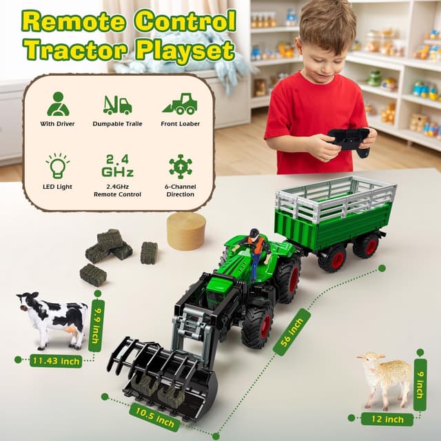 Detalle de PENGBU RC trattore telecomandato con rimorchio 2,4 GHz e caricamento frontale, set agricolo con mucca e pecora