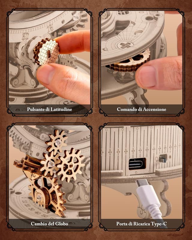 Detalle 2 de Robotime Globo Terráqueo 3D de Madera con Luz LED