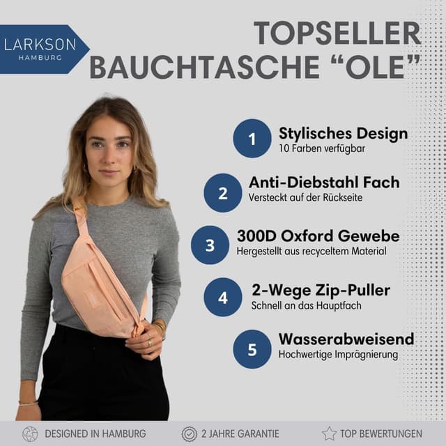 Detalle 2 de LARKSON Bauchtasche für Damen & Herren Pfirsich „Ole“ – wasserabweisende Hüfttasche für Sport, Outdoor & Stadt