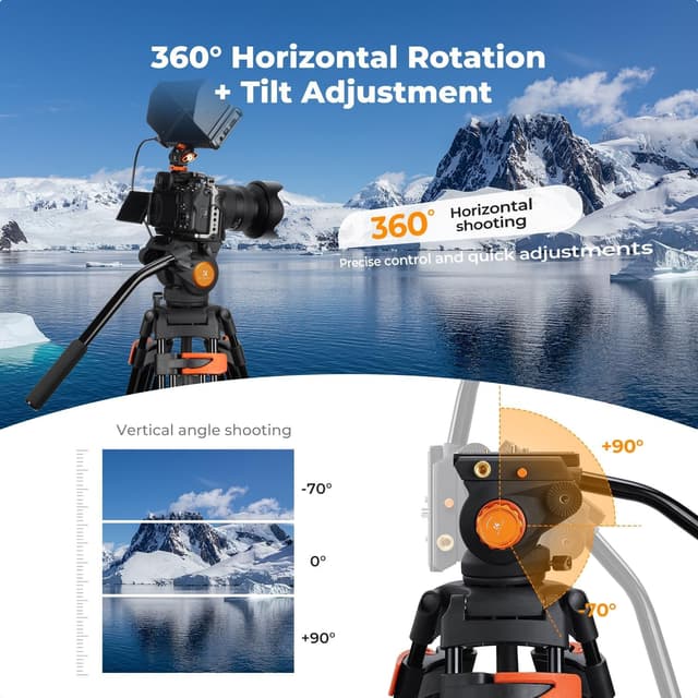 Detalle 1 de K&F CONCEPT 80" / 202cm Video Tripod with Fluid Head (QR Plate) – Heavy-Duty Aluminium, up to 8kg